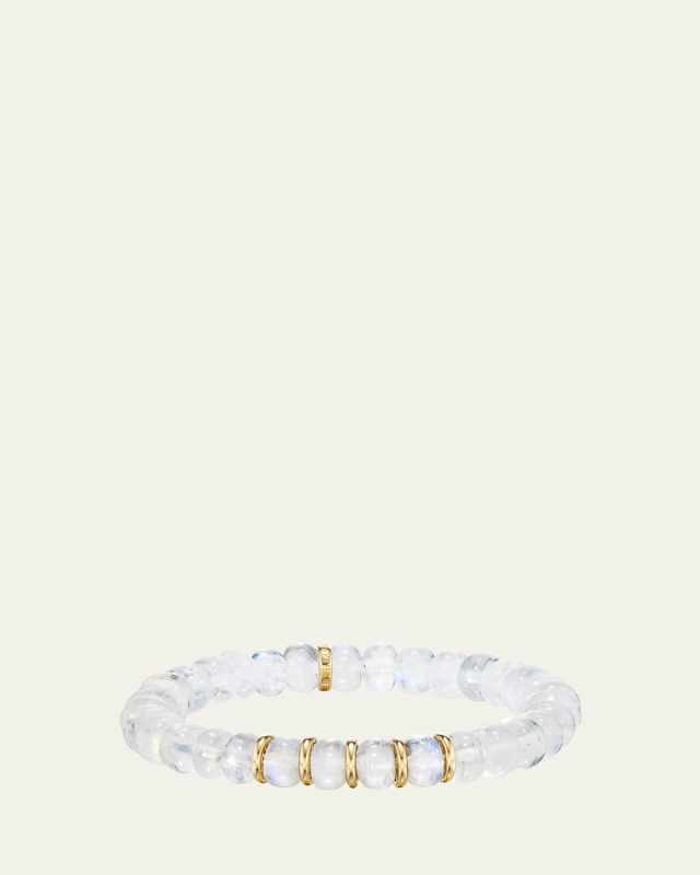 14K Yellow Gold 8mm Rainbow Moonstone Bead Bracelet with 5 Plain Rondelles
